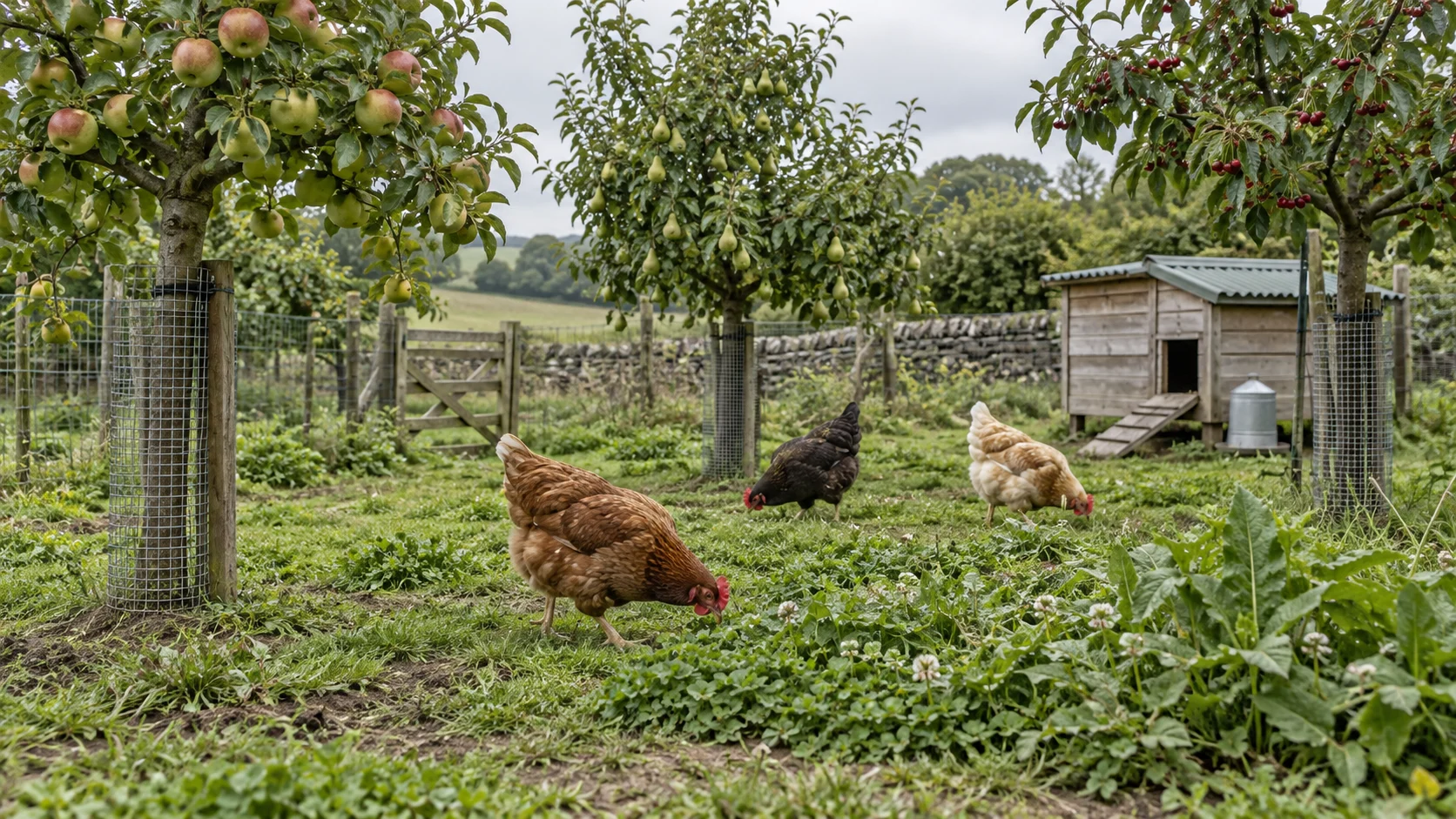 Orchard with chickens